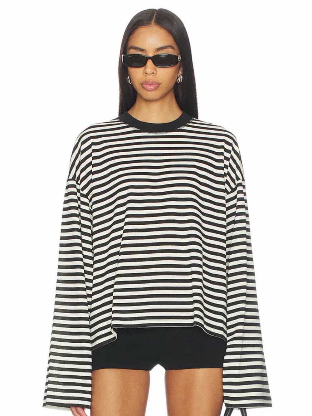 Lioness Black & White Striped Oversized Crew Sweatshirt